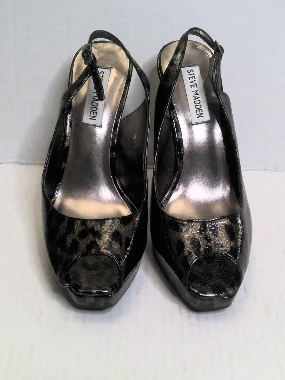 Womens Slingback Heel Black Animal Print Peep Toe Stiletto by Steve Madden 8